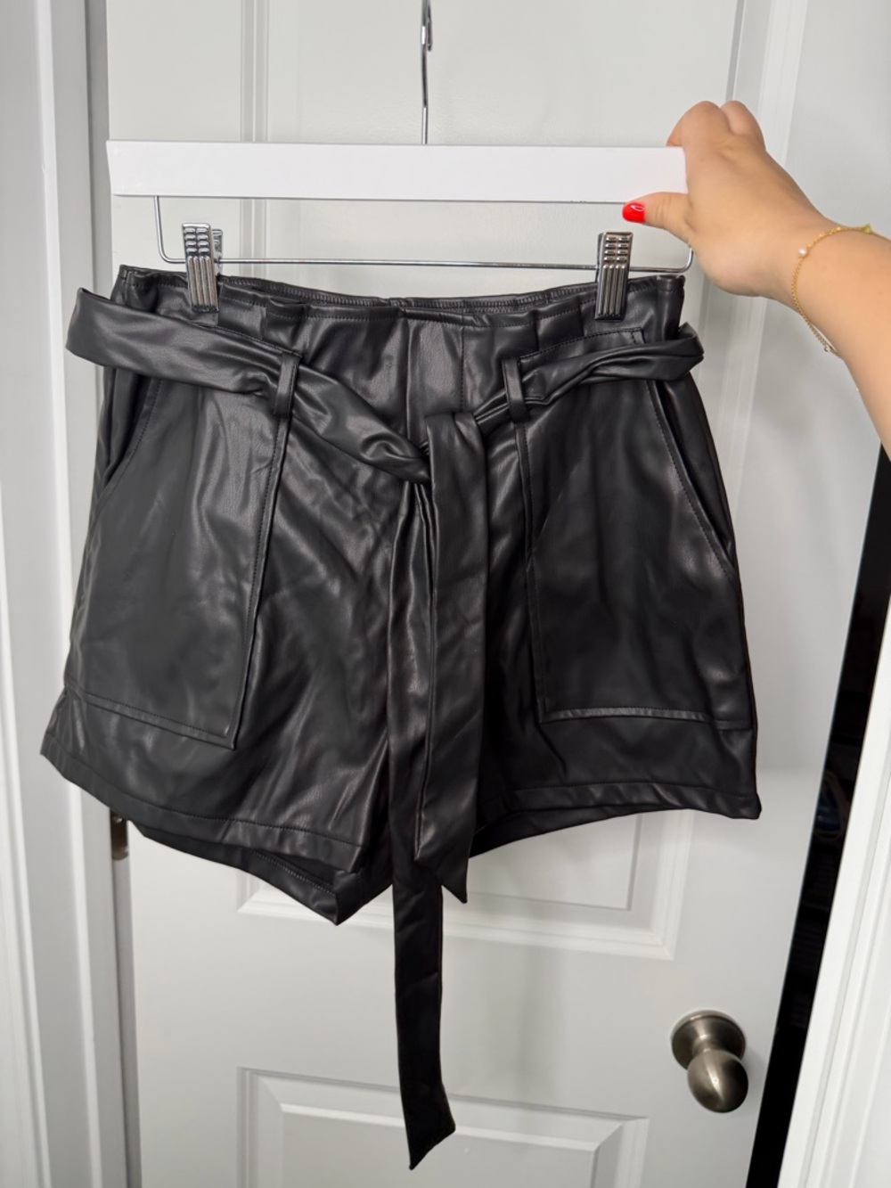 SHEIN Black High-Waist Faux Leather Paperbag Tie Shorts